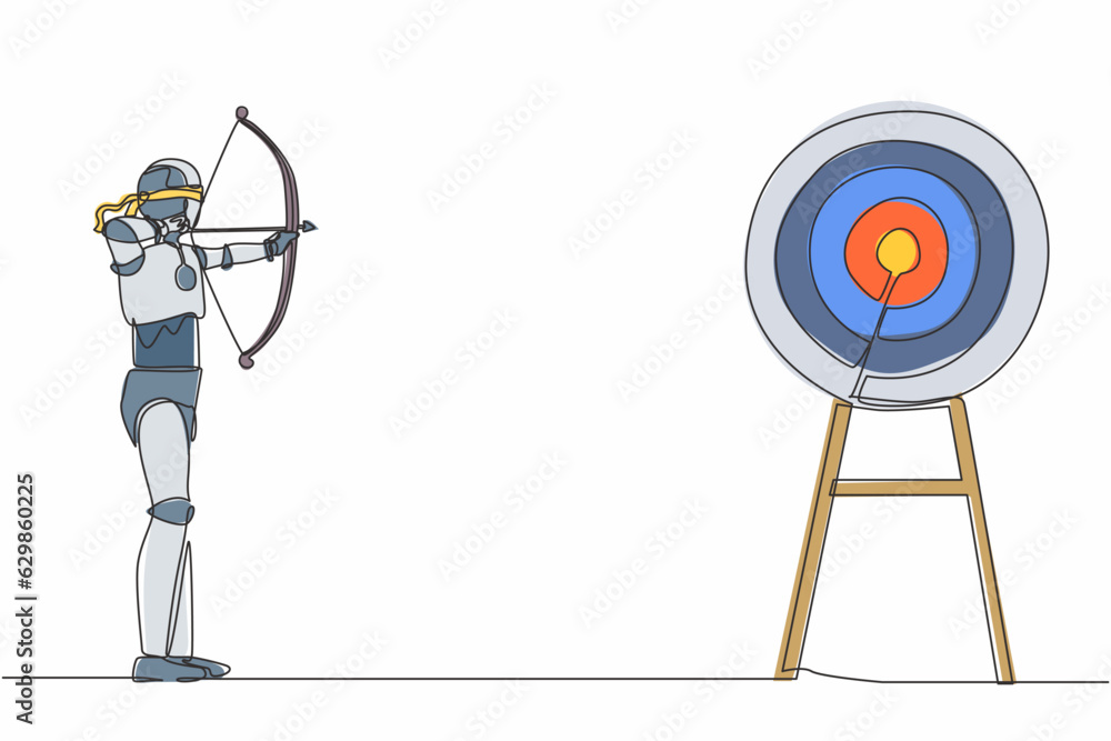 Poster continuous one line drawing blindfold robot holding bow arrow looking for target. humanoid robot cyb