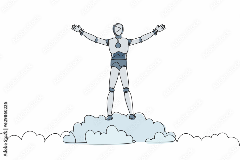 Poster continuous one line drawing robot on top of cloud with raised hands. humanoid robot cybernetic organ