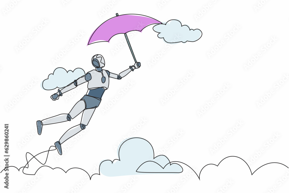 Poster single continuous line drawing robot flying in the sky with his umbrella. modern robotic artificial 