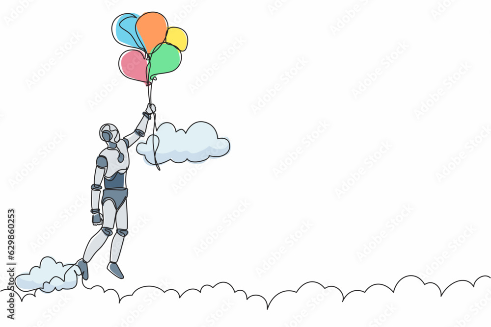 Poster single continuous line drawing robot floating with balloon. robot holding balloon flying through clo
