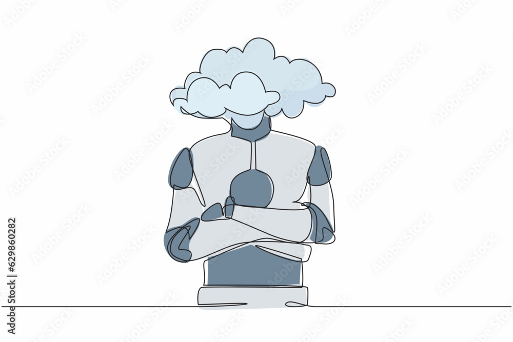 Poster continuous one line drawing cloud head robot. robotic with empty head and cloud instead. humanoid ro