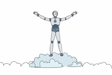 Continuous one line drawing robot on top of cloud with raised hands. Humanoid robot cybernetic organism. Future robotic development. Peaceful, happiness. Single line design vector graphic illustration