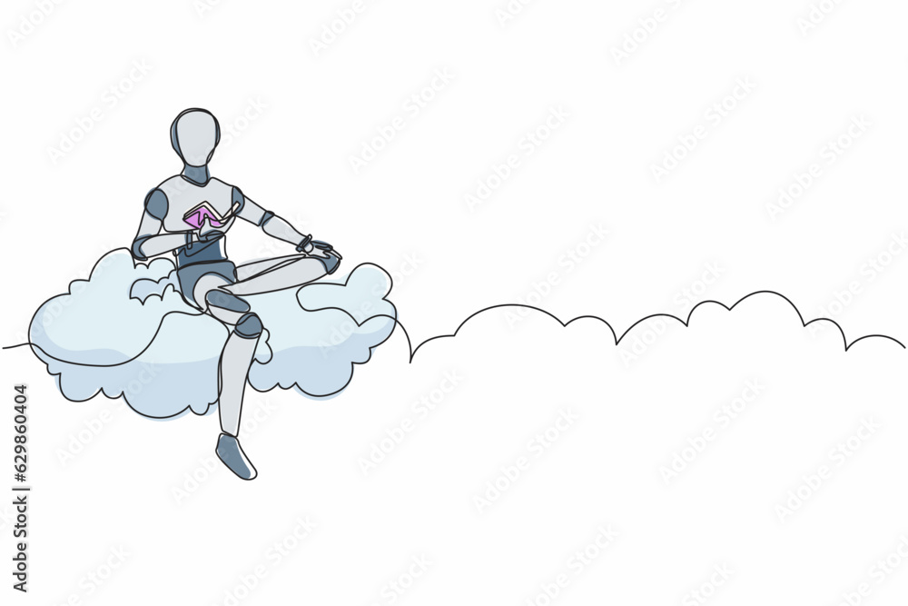 Poster single one line drawing robot relaxes and sitting on cloud reading book. future technology developme