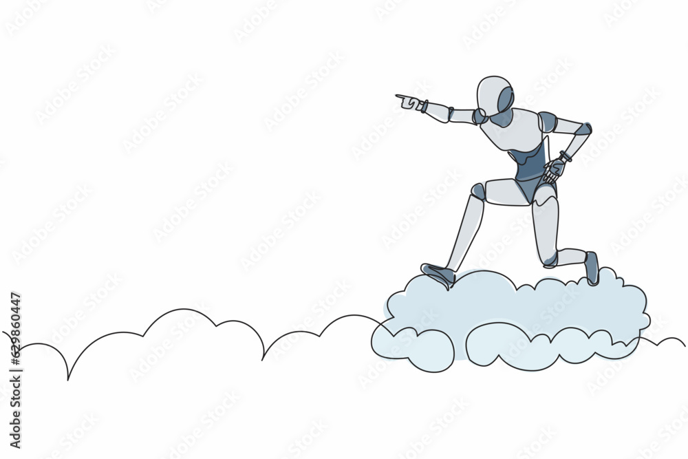 Poster continuous one line drawing robot ride cloud, pointing forward, go to future. humanoid robot cyberne