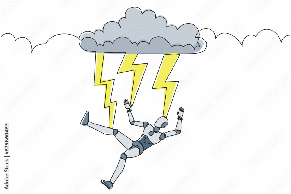 Poster single continuous line drawing robot struck by lightning or thunder from dark cloud. robotic artific
