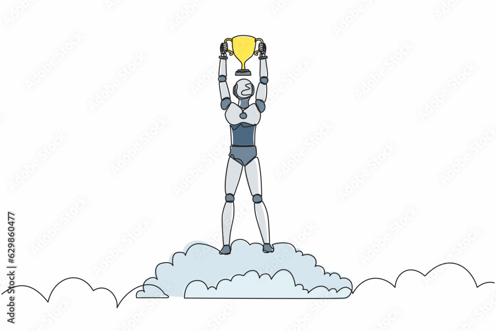 Aufkleber single continuous line drawing robot holding trophy in cloud. showing award celebrates his victory i