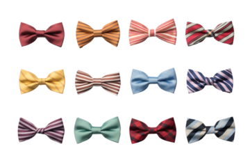 Many different bow ties, single color and striped, isolated, white background