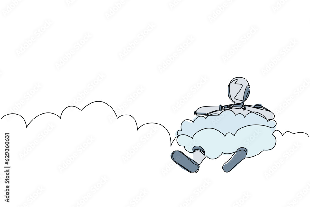 Poster single one line drawing robot hang in the clouds. hoping for success. future technology development.