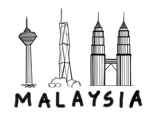Kuala Lumpur Malaysia city landmarks with handwritten Malaysia font
