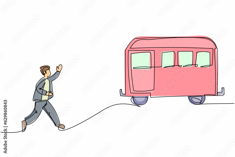 Poster single continuous line drawing businessman run chasing try to catch train. hurry running to get tran