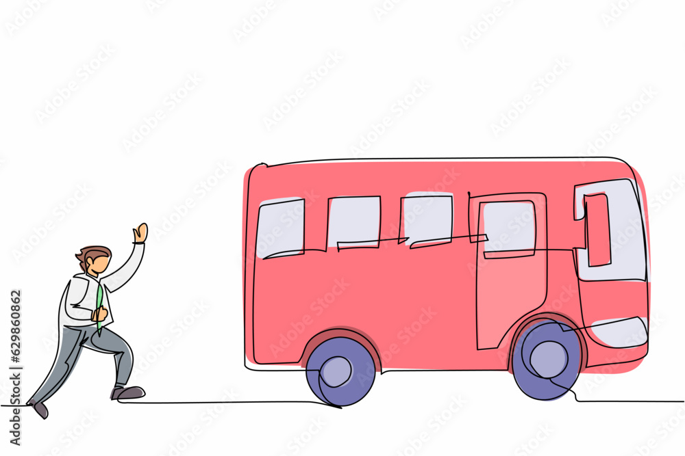 Poster continuous one line drawing businessman run chasing try to catch bus. hurry running to get transport