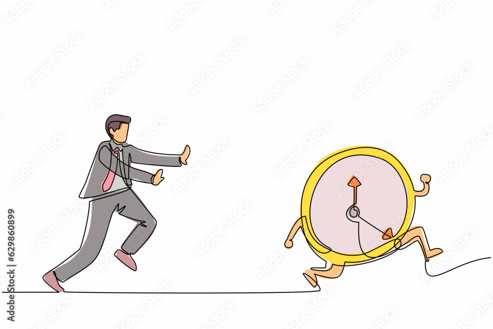 Poster single one line drawing stressed businessman chasing time or clock. office worker being chased by wo