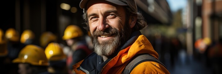 Happy construction worker poster with copy space,