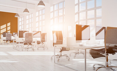 Modern office Cabinet.  3D rendering.   Meeting room. Sunset.