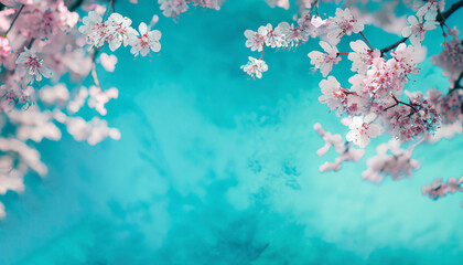 Japanese cherry blossoms as background and texture in blue and turquoise - artistic ally with text free space