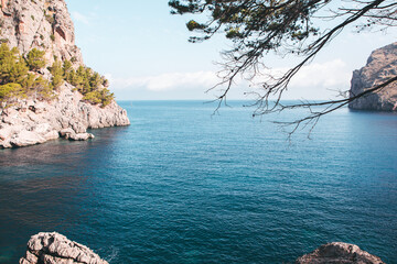 Hiking holidays Mallorca, Spain. Beautiful picture with landscape of Serra de Tramuntana mountains in the island of Majorca in Mediterranean sea. Paradise for bikers. Adventure travel.