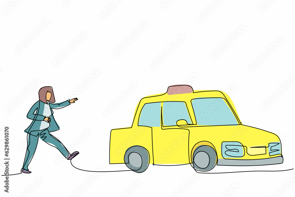 Poster continuous one line drawing businesswoman run chasing try to catch taxi cab. hurry running to get a 