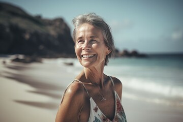 Mature woman face beach. Generate Ai