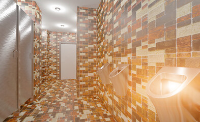 Contemporary interior of public toilet. 3D rendering.. Sunset.