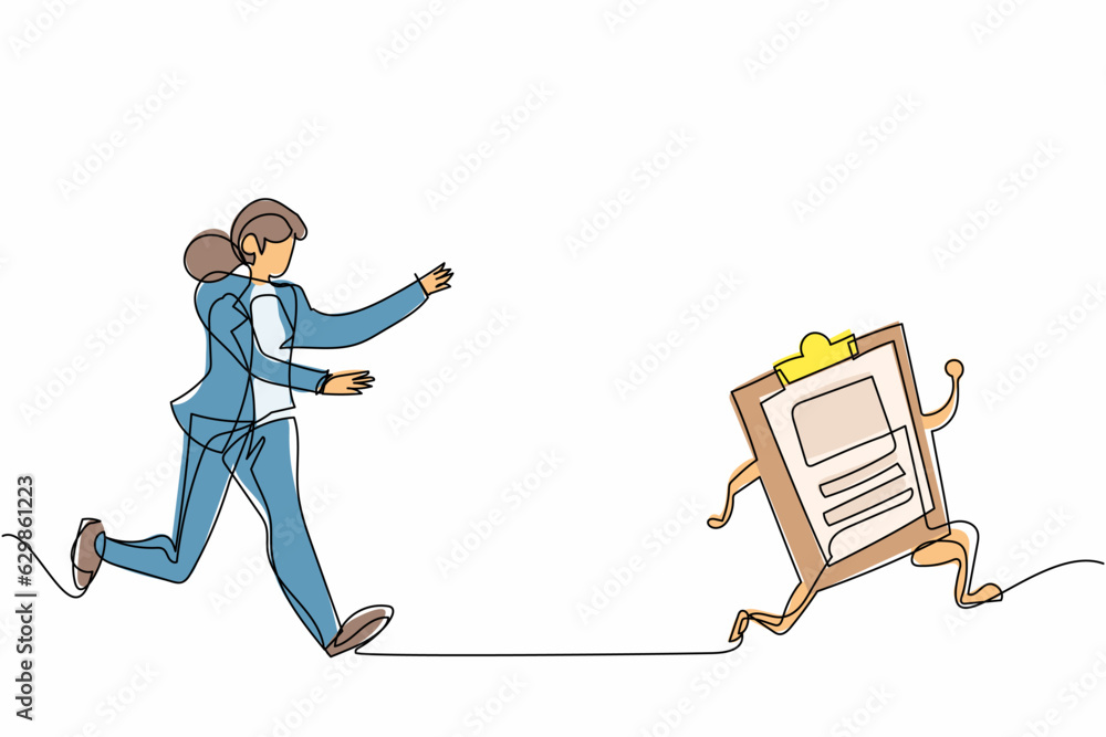 Poster single continuous line drawing businesswoman run chasing try to catch clipboard. manager being chase