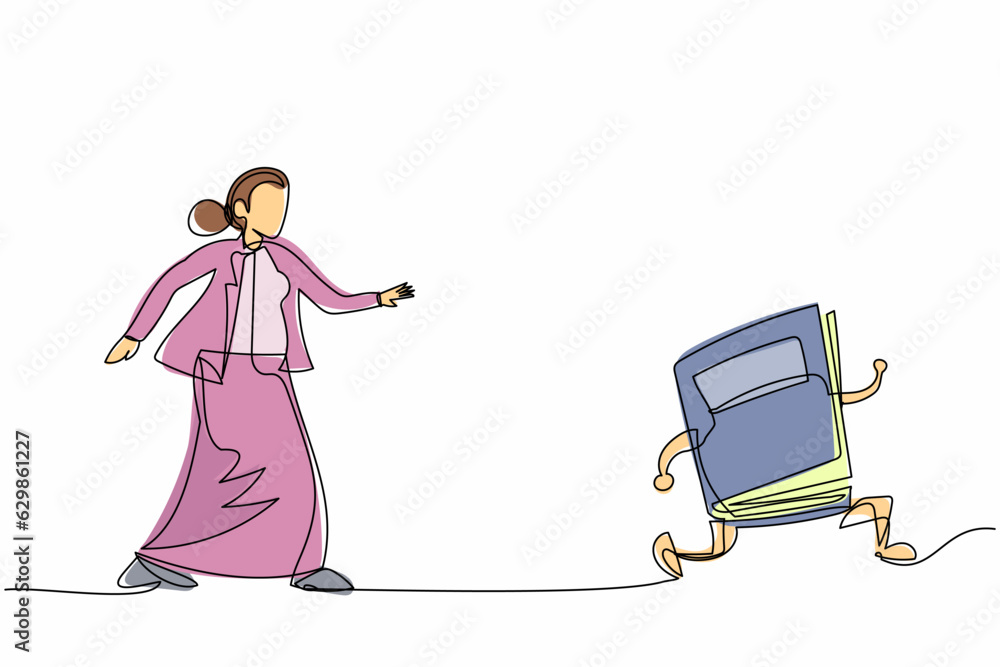 Poster single continuous line drawing businesswoman run chasing try to catch text book. worker being chased