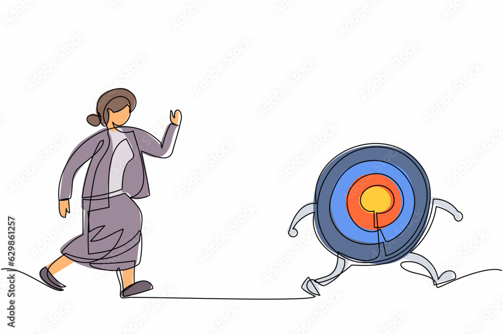 Poster continuous one line drawing businesswoman run chasing try to catch big dart target. office worker ru