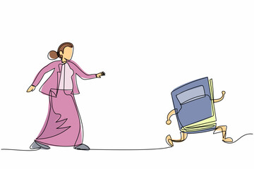 Single continuous line drawing businesswoman run chasing try to catch text book. Worker being chased by work deadlines. Running out of time. Business metaphor. One line draw design vector illustration