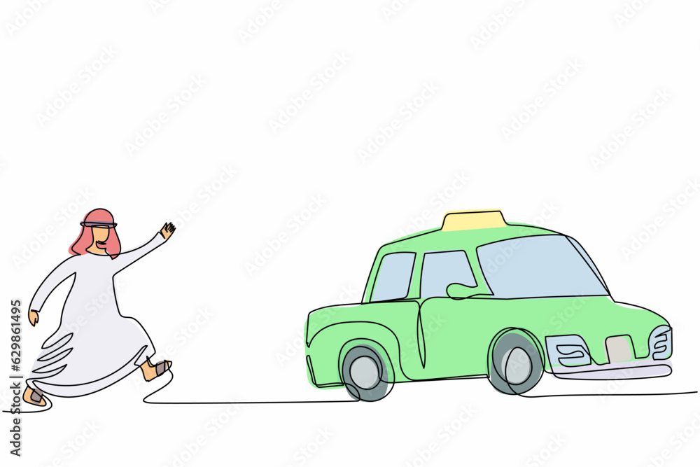 Poster continuous one line drawing arab businessman running chasing taxi. arabian manager in a hurry runnin