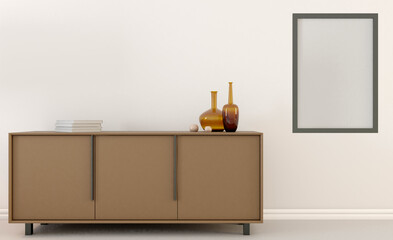 Elegant office interior. Mixed media. 3D rendering.. Mockup.   Empty paintings