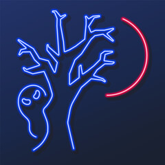 Happy halloween neon sign, modern glowing banner design, colorful modern design trends on black background. Vector illustration.