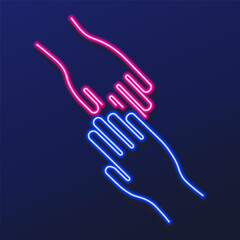helping hand neon sign, modern glowing banner design, colorful modern design trends on black background. Vector illustration.