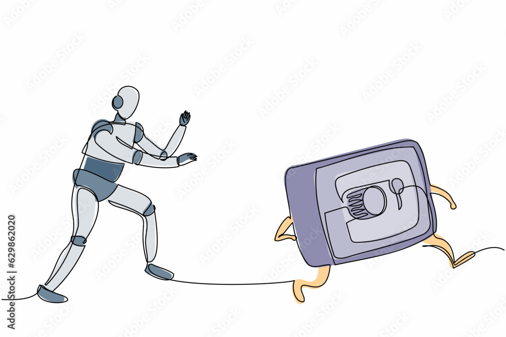 Poster continuous one line drawing robot run chasing deposit box. financial security protection. humanoid r