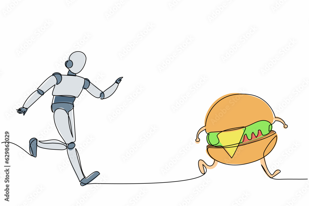 Poster single one line drawing robot run chasing hamburger. food estate factory industry. future technology