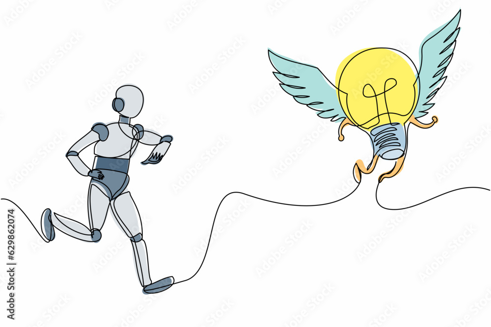Aufkleber single one line drawing robot chasing flying light bulb. searching creativity, new invention. future