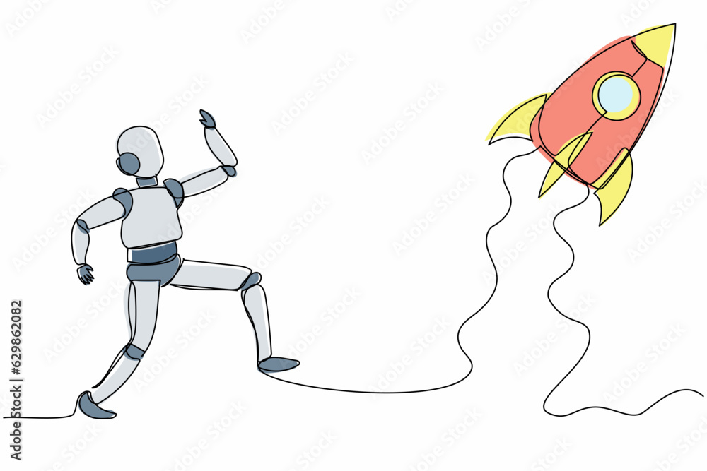 Poster single continuous line drawing robot run chasing rocket take off. launching start up business tech. 