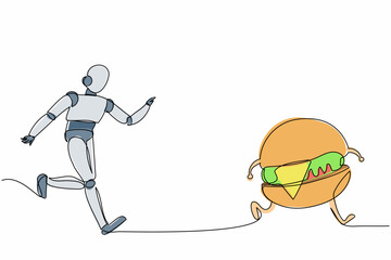 Single one line drawing robot run chasing hamburger. Food estate factory industry. Future technology development. Machine learning processes. Continuous line draw design graphic vector illustration