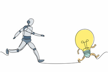 Continuous one line drawing robot chasing light bulb. Innovation for new business ideas. Humanoid robot cybernetic organism. Future robotic development. Single line design vector graphic illustration