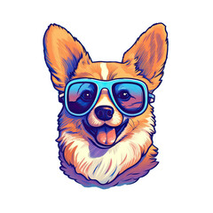 Happy corgi smiling with a cute little face and tongue hanging out and short legs wearing sunglasses.  Transparent background
