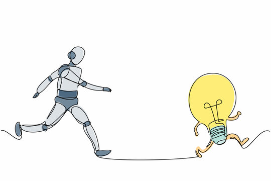 robot chasing lightbulb, continuous line art