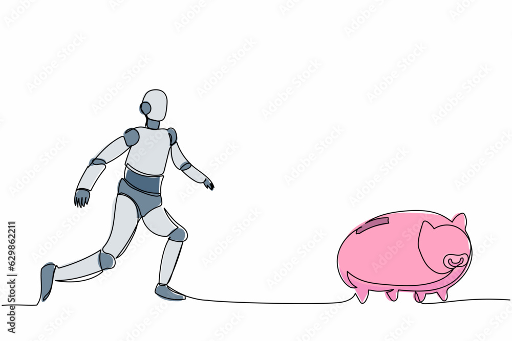 Poster single one line drawing robot chase piggy bank. taking profit in bullish market. future technology. 