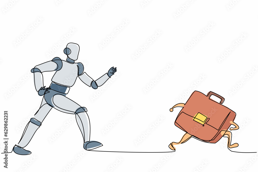 Poster single one line drawing robot running chasing briefcase. leather factory industry. future technology