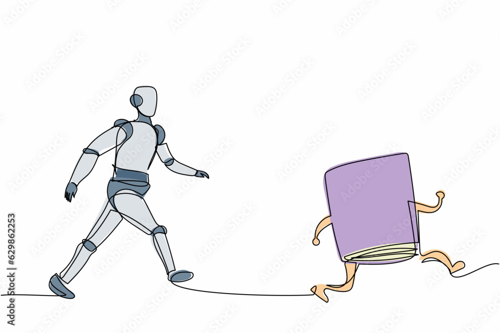 Poster single one line drawing robot run chasing textbook for learning aspiration. future technology develo