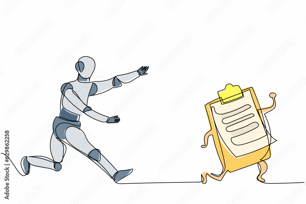 Poster single continuous line drawing robot chasing clipboard. checklist document machine operation. roboti