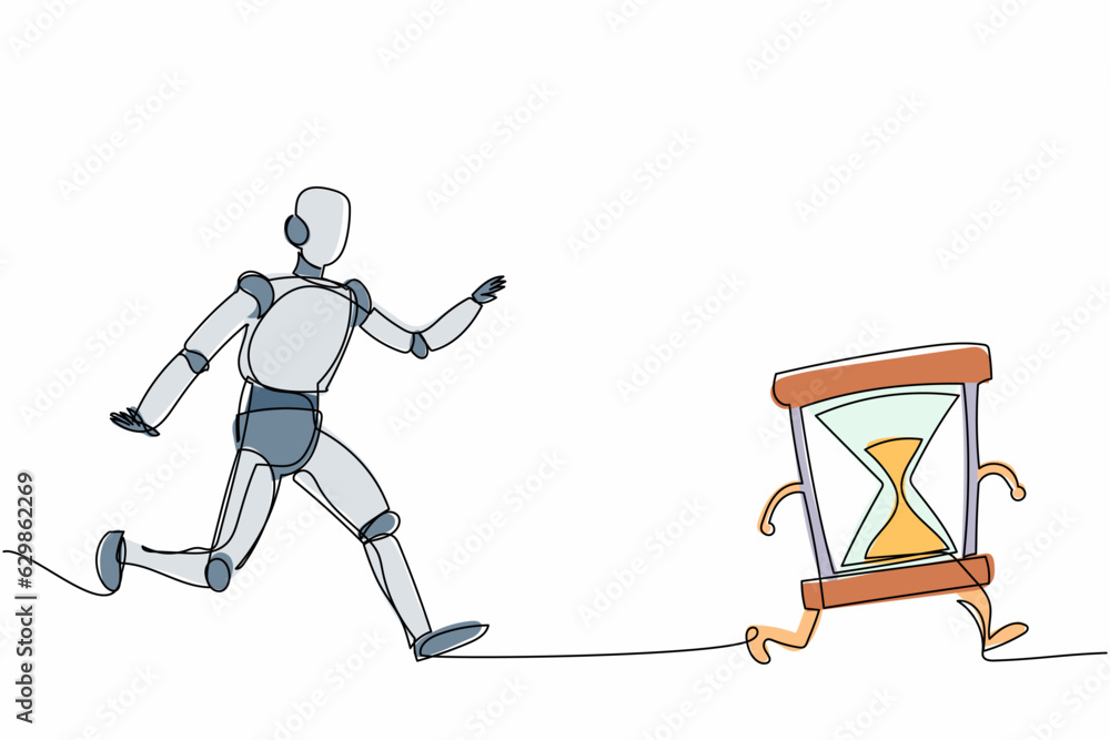 Poster continuous one line drawing robot chasing hourglass. time management and schedule of operation facto