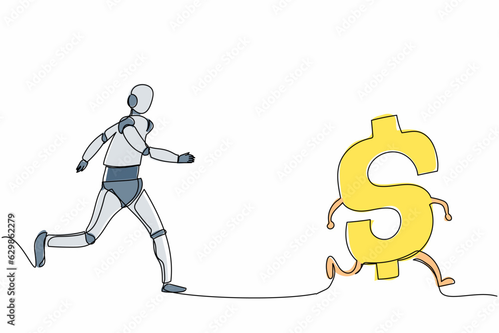Poster single continuous line drawing robot chasing dollar symbol. investment for tech development. robotic