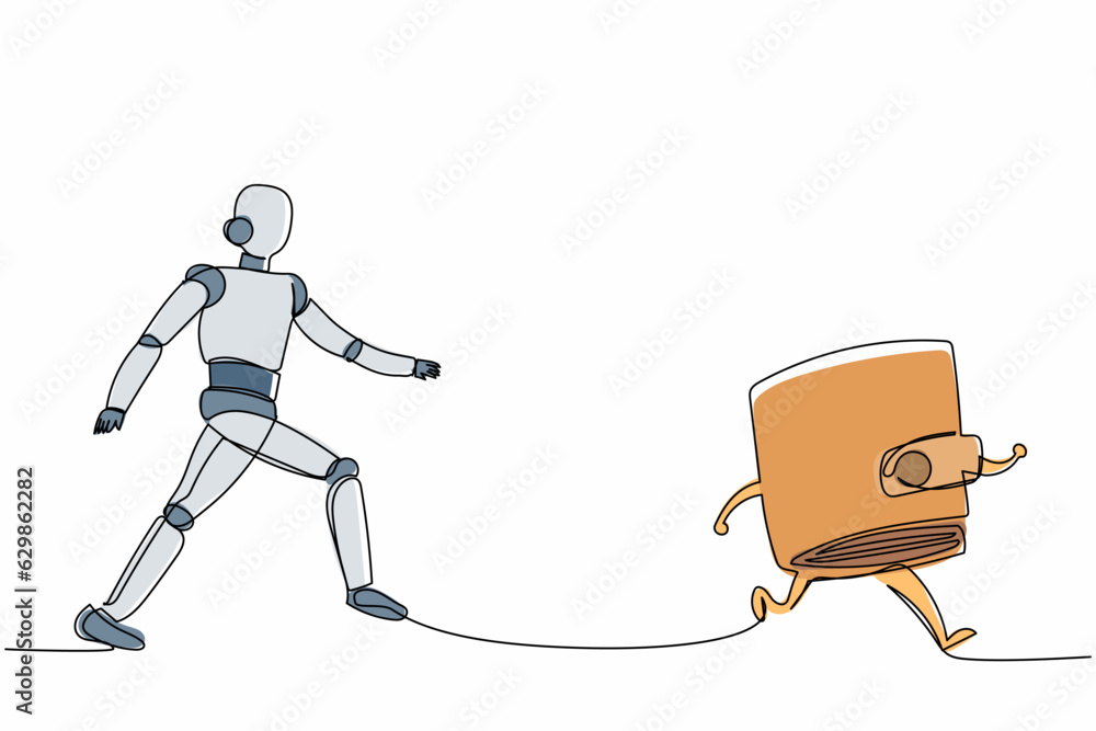 Poster single continuous line drawing robot run chasing wallet. digital e-wallet for saving e-money. roboti