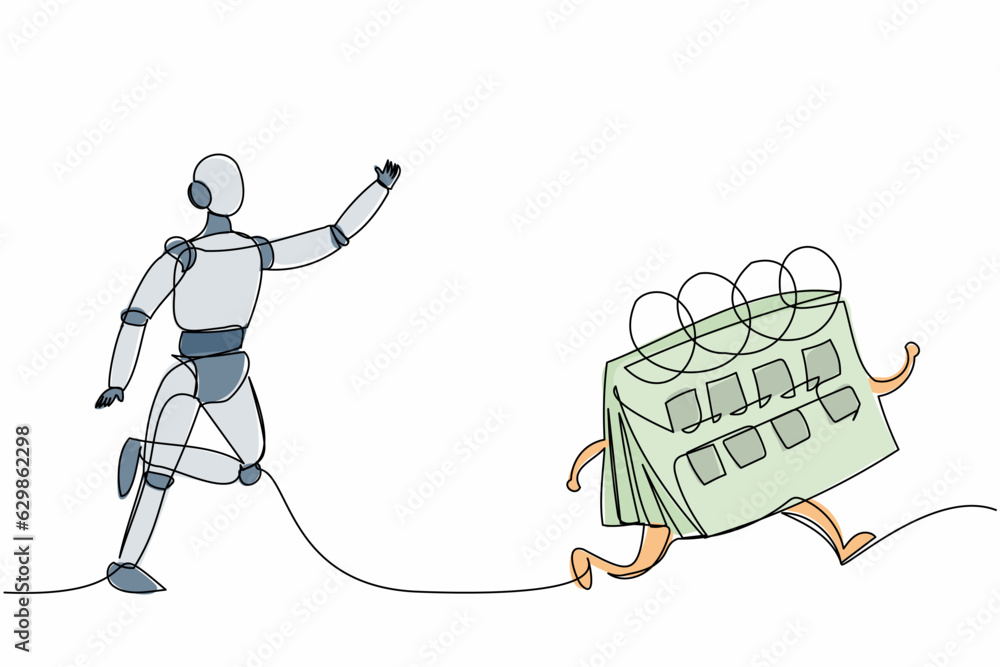 Poster single one line drawing robot chasing calendar. time management optimization. future technology deve