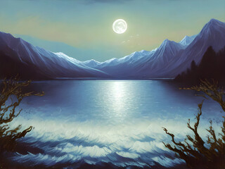 Fototapeta na wymiar Moonlight Lake with Swans, oil-paint effect, Generative AI Illustration