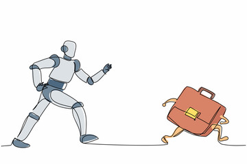 Single one line drawing robot running chasing briefcase. Leather factory industry. Future technology development. Artificial intelligence processes. Continuous line graphic design vector illustration