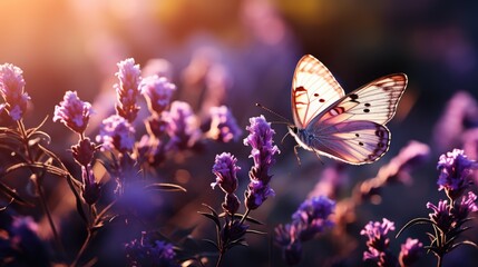 Sunny summer nature background with flying butterflies and lavender flowers with sunshine and bokeh. outdoor nature placard
